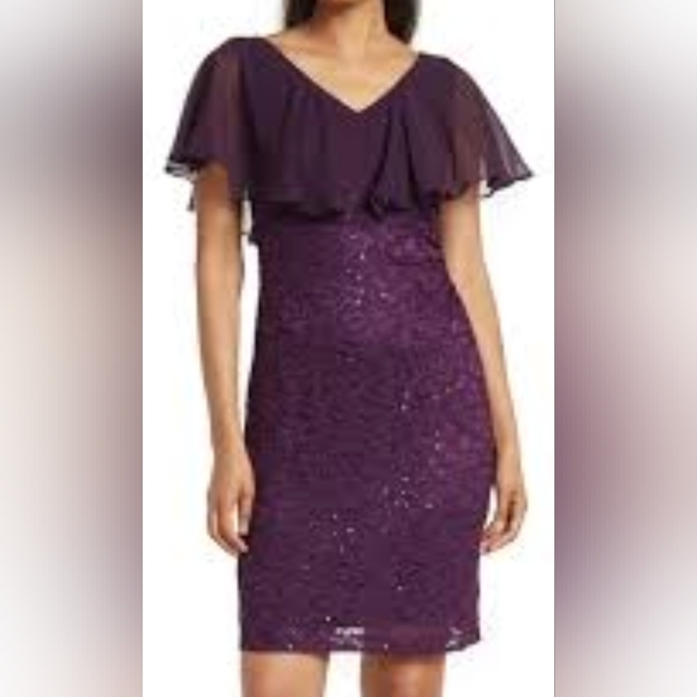 Connected Apparel Womens Sequined Sheer Overlay Cocktail Dress